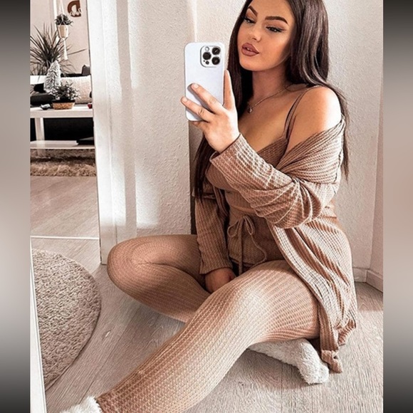 3 piece set: Waffle Knit Tank Top & Leggings & Coat cardigan tan gray - Picture 10 of 16